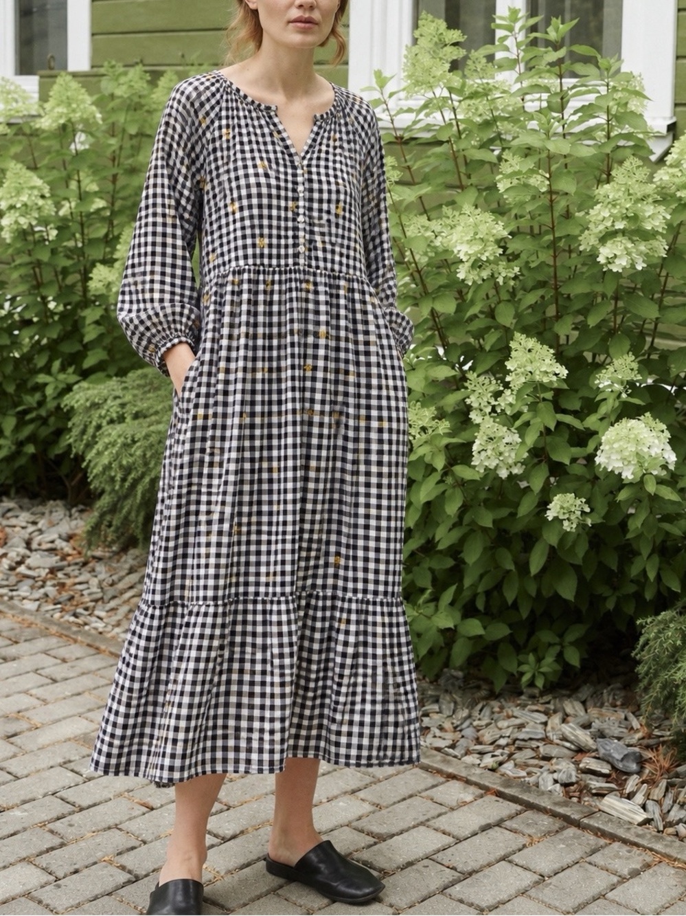 Old Navy Woman Black Gingham Relax Tiered Midi Dress MEDIUM Cottagecore Boho
